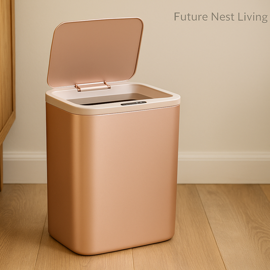 Ultra-realistic rose gold smart trash can with wooden furniture
